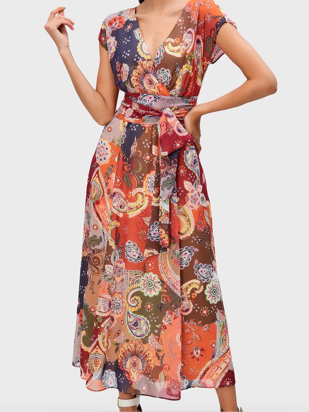 eShakti paisley scarf print Georgette surplice self tie sash  maxi dress Large